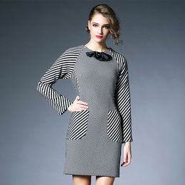 2015秋冬季欧洲站新款女装修身黑白格纹直插口袋收腰显瘦连衣裙