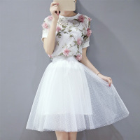 韩国2015夏装新款明星同款短袖欧根纱三件套中长款蕾丝连衣裙