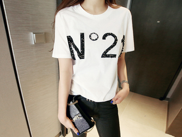 2015夏装新款韩数字N.21订珠两色全棉T恤短袖纯色百搭女