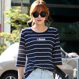 2016夏季新款女装 韩版条纹七分袖短袖女T恤 宽松大码显瘦上衣