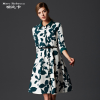 瑞比卡品牌女装2015秋季新款 欧美高端印花裙衬衫领连衣裙A字裙女