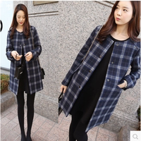 2015新款韩国代购格子羊毛呢子大衣女装直筒显瘦毛呢外套大码加厚