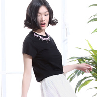2015夏新款纯棉领口钉珠纯黑色T恤女夏短袖上衣J50503