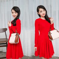 2015韩国代购秋冬季红色针织连衣裙显瘦气质小香风长袖a字裙女装