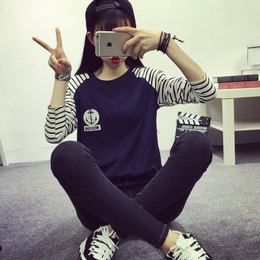 韩版新款2016秋季大码女装宽松条纹长袖T恤显瘦纯棉圆领学生上衣T
