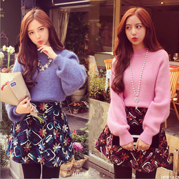 韩国代购2015秋冬季新款圆领套头毛衣女长袖花朵毛呢短裙两件套装