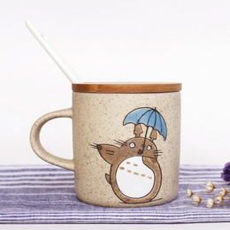 包邮 景德镇陶瓷咖啡杯 手绘龙猫水杯 情侣杯 带盖子勺子 牛奶杯