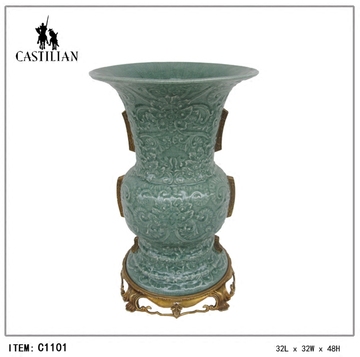 美国进口大牌软装中式美式古典铜镶嵌陶瓷别墅样板间摆件奢华花瓶