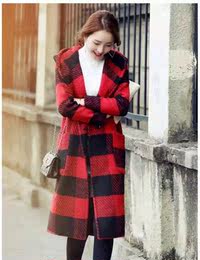 2015秋冬装新款韩版女装羊毛呢大衣带帽休闲宽松格子加厚呢子外套