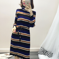 2016春装新款韩版女装修身彩色条纹拼色褶皱中长款雪纺长袖连衣裙