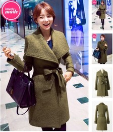 2015新款秋冬女装韩版修身中长翻领高大上系带超厚羊毛呢大衣外套