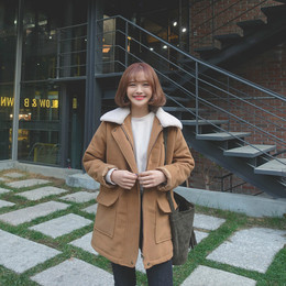 2016韩版学院风宽松复古羊羔毛领夹棉加厚毛呢工装外套女