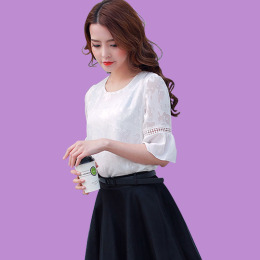 韩版白色蕾丝上衣勾花镂空小衫夏喇叭五分袖优雅雪纺衫女短袖T恤