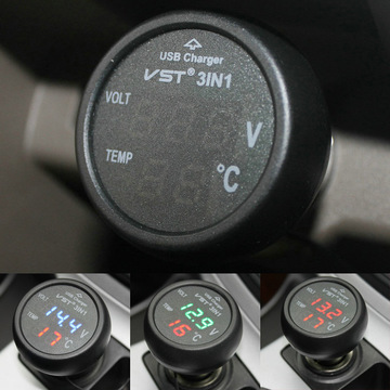 正品VST汽车多功能车载电压表温度LED数显USB手机充电器12-24V