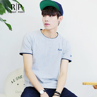 2016新款韩版双层领原创设计纯色圆领T恤 男式印花纯棉短袖学生男