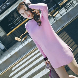 2015冬装新款女装韩版中长款半高领毛衣拼接蕾丝连衣裙打底连衣裙