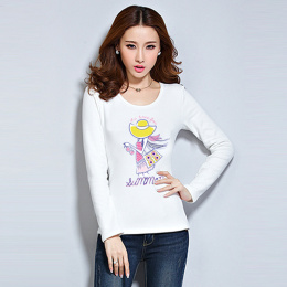 纯棉女式长袖T恤衫韩版弹力修身打底衫白色大码高档印花体恤