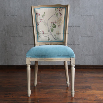 RH家具美法式全实木餐椅橡木绣花椅子软包餐椅布艺软包坐凳子