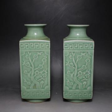 宋龙泉窑梅子青釉刻梅兰竹菊瓶 古董古玩 仿古瓷器 中式摆件收藏
