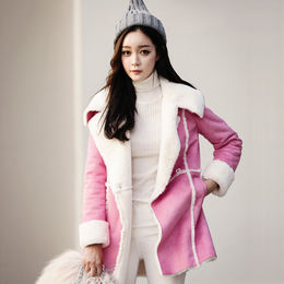 2015秋冬女韩版中长款麂皮绒羊羔毛大衣 粉色皮毛一体鹿皮绒外套