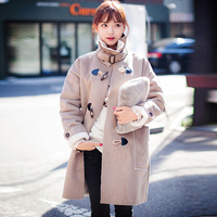 2015冬新款韩版学院风鹿皮绒棉衣女装 中长款牛角扣羊羔毛外套厚
