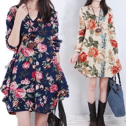 2015秋季新款韩版大码女装印花花色宽松长袖中长款气质棉麻连衣裙