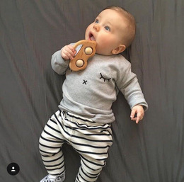 2016秋冬童装新款婴幼儿欧美条纹裤和眼睛长袖上衣套装宝宝二件套