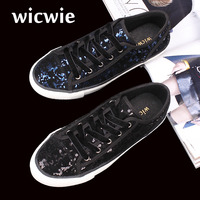 WICWIE2015秋欧美新款休闲鞋 亮片低帮鞋女真皮运动板鞋系带女鞋