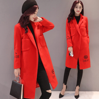 毛呢外套女2016秋冬新款女装韩版气质西装领显瘦中长款红色呢大衣