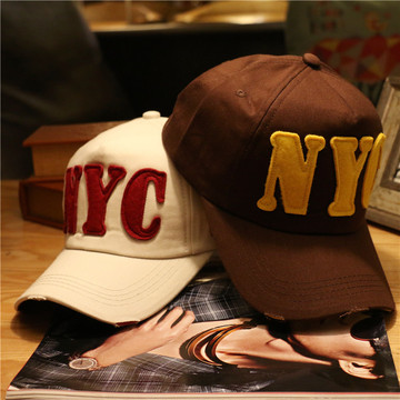 NYC运动帽子鸭舌帽水洗字母做旧磨边复古棒球帽男女通用纯棉帽子