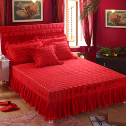婚庆大红色加厚夹棉单件蕾丝床裙床罩单三件套床头罩1.5m 1.8 2米