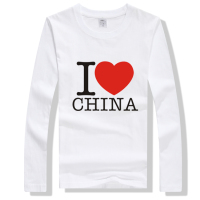 新款草写个性爱国T恤I LOVE CHINA 秋冬纯棉长袖T恤 爱国文化衫