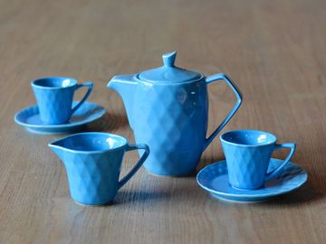 现代中式时尚菱形花纹蓝色创意整套茶具/家居饰品样板房客厅摆饰