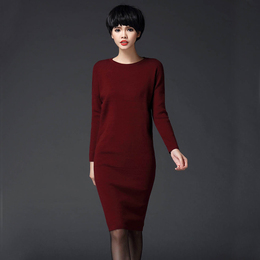 2015冬季新款羊毛针织毛衣连衣裙女打底裙套头修身显瘦中长款拼接