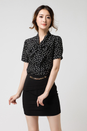 2015夏季新款韩版时尚女士V领波点衬衣修身短袖衬衫职业装上衣潮