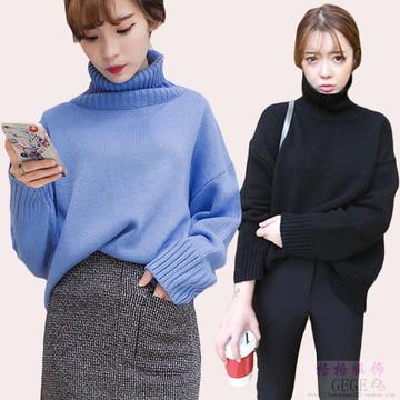 冬季韩版粗线高领毛衣女套头加厚短款宽松纯色学生保暖毛线衣外套