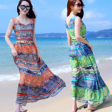 Vrex2015夏季新款复古民族风印花连衣裙女波西米亚长裙度假沙滩裙