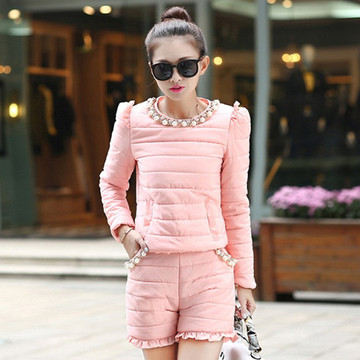 2015冬装新款韩版女装修身套头珍珠棉衣棉服外套短裤两件套装时尚