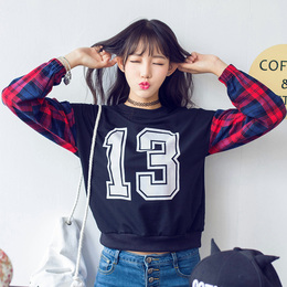 学院风2016秋装新款韩版少女格子袖拼接卫衣学生百搭字母上衣T恤
