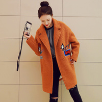 2015秋冬装新款韩版修身中长款一粒扣茧型贴布羊毛呢子大衣外套女