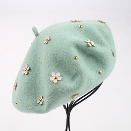 春季新品质女帽 韩版潮 小清新小花朵铆钉羊毛呢贝雷帽子画家帽
