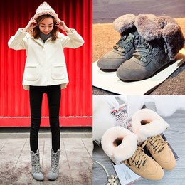 韩版冬季真皮羊毛雪地靴内增高中筒靴平底系带防滑短靴女