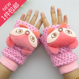 秋冬季女士棉手套女冬可爱加厚半指儿童手套卡通韩版毛绒学生手套