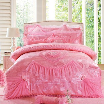 博众至尊结婚床上用品婚庆四六件套大红粉色蕾丝贡缎提花被套套件