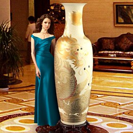 手工彩绘雕刻陶瓷花瓶中国龙落地大花瓶 酒店客厅高档装饰摆件