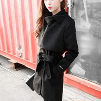 2015韩版秋冬新款气质修身显瘦毛呢外套女中长款收腰系带呢子大衣