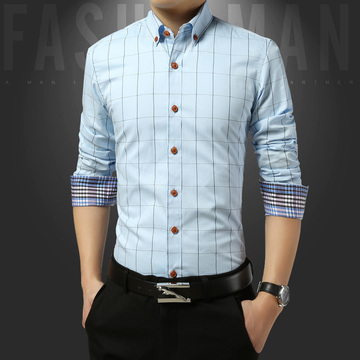 2016新款春装格子衬衫男士长袖休闲衬衫韩版修身青年免烫大码衬衣