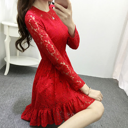 2016春装新款明星同款红色修身镂空蕾丝裙不规则打底连衣裙潮