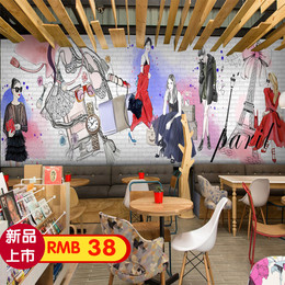 欧式时尚手绘卡通女孩砖纹墙纸服装店商场大型壁画咖啡厅餐厅壁纸
