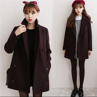 2015秋冬韩国新款纯色西装领加厚修身显瘦毛呢外套女中长款呢大衣